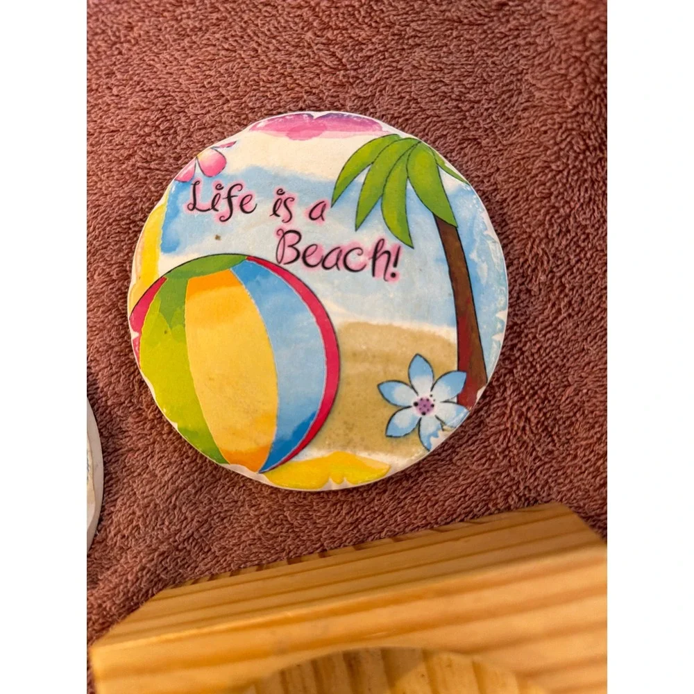 Set of 5 Tropical‎ Beach Absorbent Stone Coasters with Wood Holder Multicolor